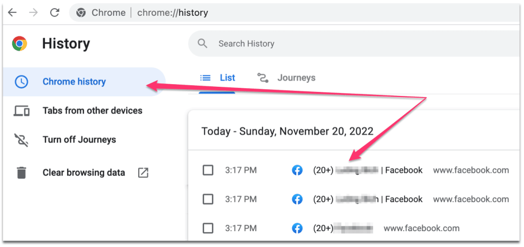 Chrome search history showing ”Facebook”